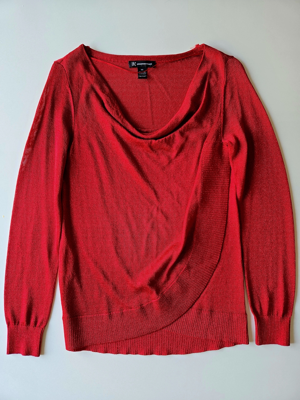 INC International Concepts Red Cowl Neck Metallic Shimmer Knit Sweater Top